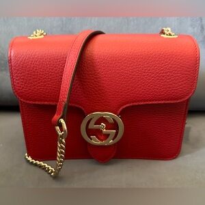 Authentic NWT GUCCI Dollar Interlocking G small red leather calfskin New